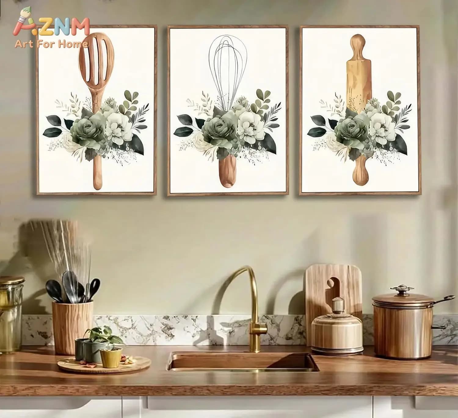 AZNM Kitchen Utensils Floral Canvas Wall Art Sage Green Botanical Print Farmhouse Home Decor