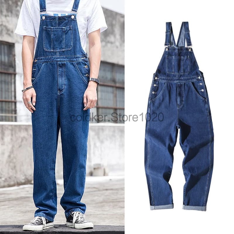 Salopette di jeans da uomo nuova Casual Tasche multiple Pagliaccetti dritti con giunture larghe Bretelle regolabili alla moda Jeans per uomo