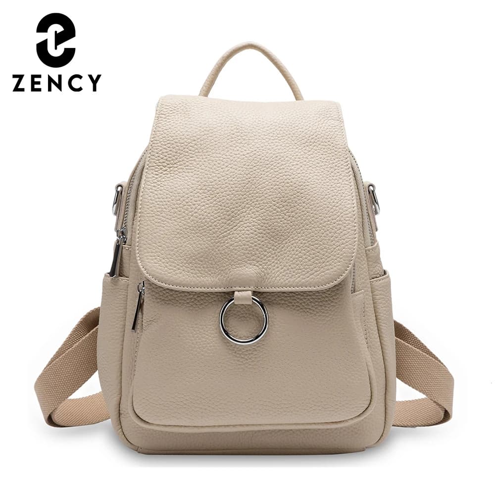 Zency Nuovo Zaino da Donna alla Moda 100% Vera Pelle Invernale Beige Borsa da Viaggio Casual Quotidiana Classica Nera Zaino Scolastico