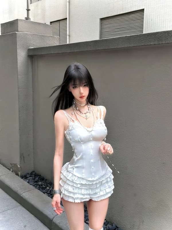 Completo estivo elegante da ragazza: vestito bianco in pizzo con spalline, gonna a balze bianca, effetto due pezzi