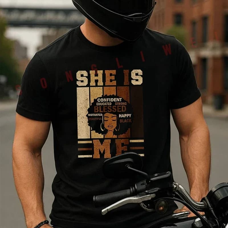 T-shirt estiva in cotone casual sportiva da moto She Is Me&Gt; Black History Power Day Juneteenth Moto da uomo