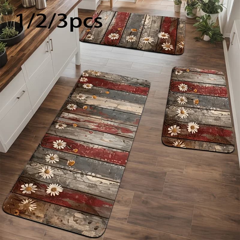 Set di tappeti da cucina VIKAMA Farmhouse Wood-Grain Jasmine, facili da pulire, adatti per tappetini da bagno