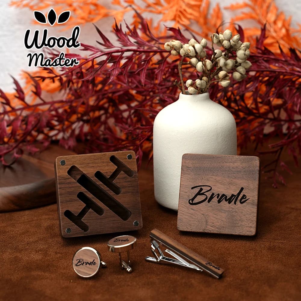 Set di accessori per lo sposo in legno inciso personalizzato scatola di noci personalizzata regalo di nozze, festa nuziale, gemelli ricordo, fermacravatta