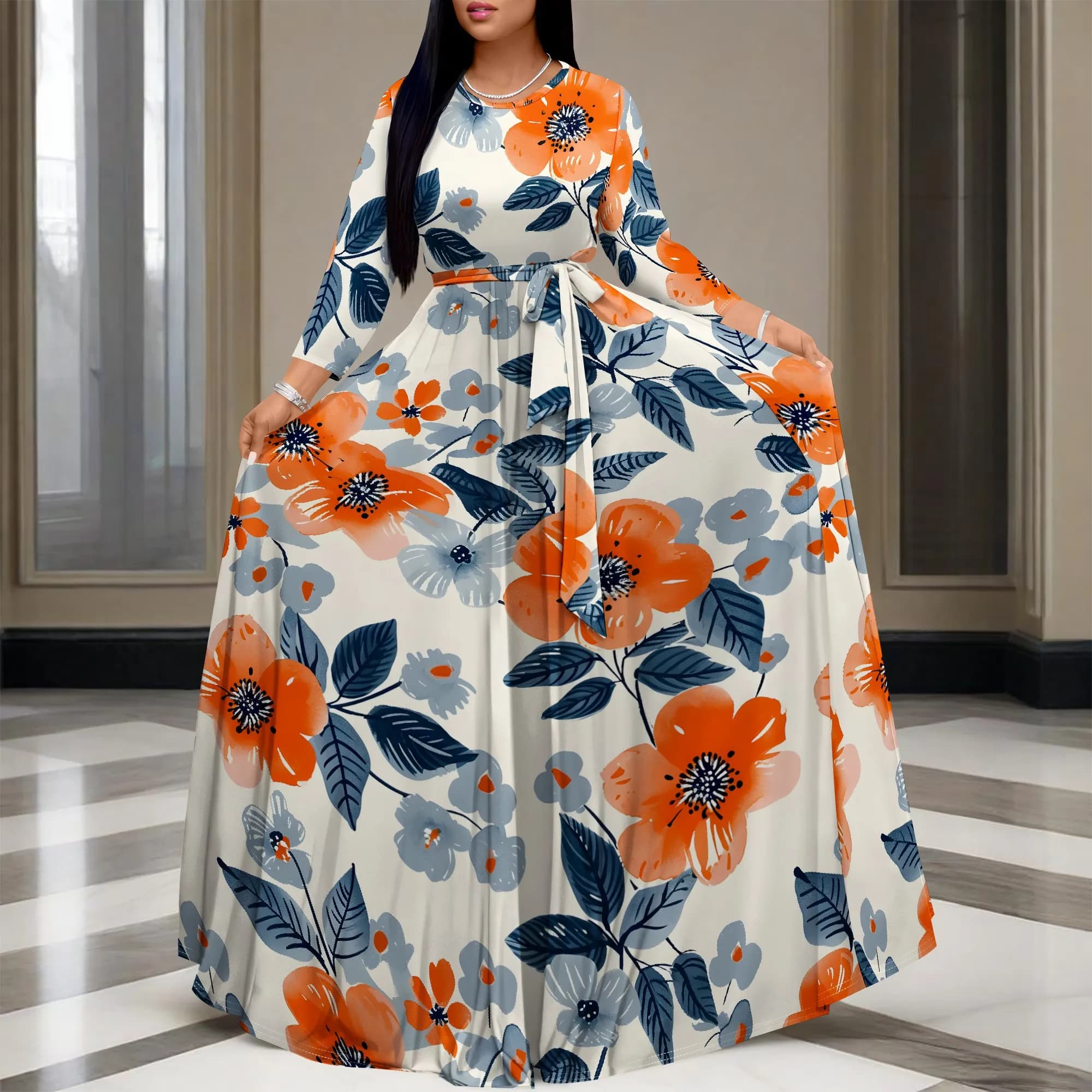 Abito lungo da donna con scollo a V e maniche a 3/4 autunno estate, gonna da principessa stampata in 3D con tasche e cintura in vita