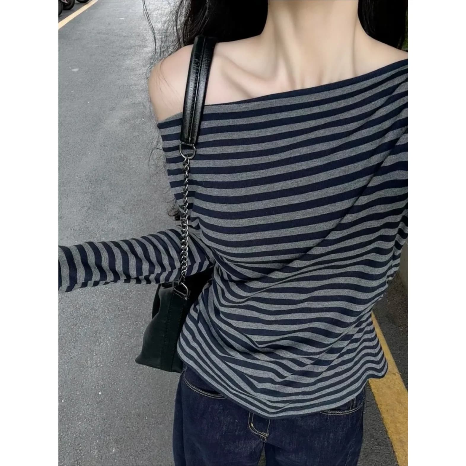 Laid-back Korean Style Long Sleeve Slim Fit Striped One-Shoulder T-Shirt Women's Loose Feeling Casual Early Autumn Top