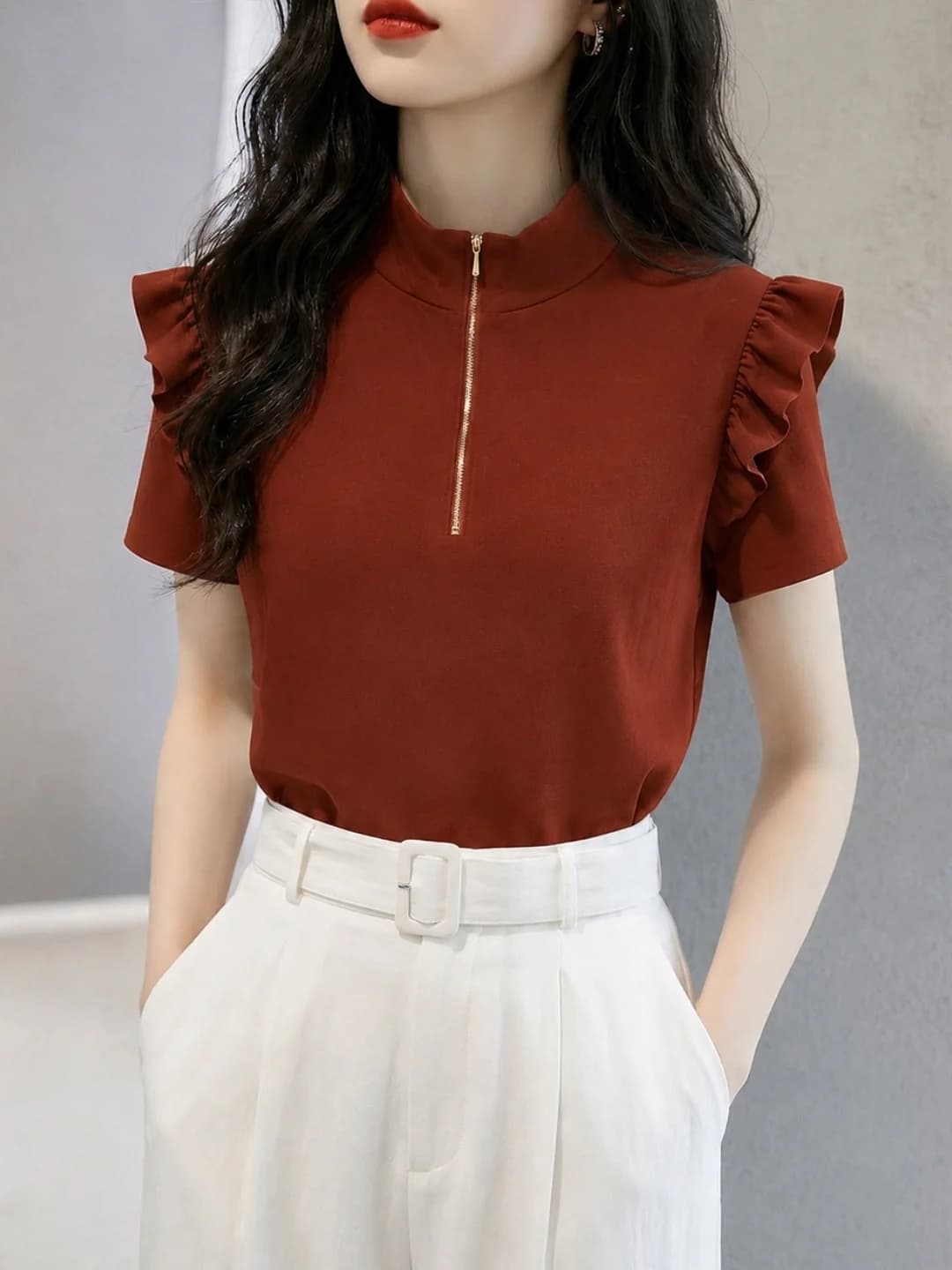 Fashionable Summer Half Zipper Hoodie Women's Short Sleeve T-Shirt Elegant Design Leaf Commute Style Straight Cut Body Type