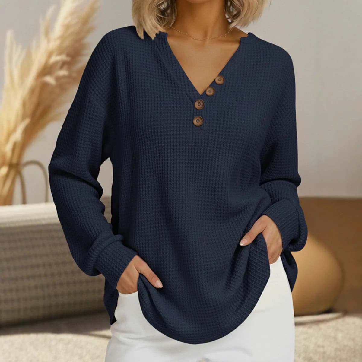 Felpa Casual in Maglia Waffle con Scollo a V e Bottoni, Manica Lunga, Taglie S-3XL, Abbigliamento Loungewear per Donna