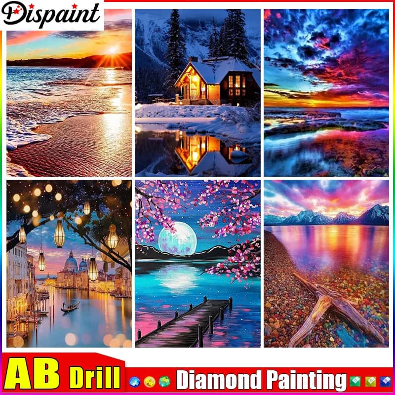 Dispaint AB Full Diamond "Sunset Beach Tree" DIY 5D Diamond Painting Cross Stitch Home Decor Picture Of Rhinestone Handmade