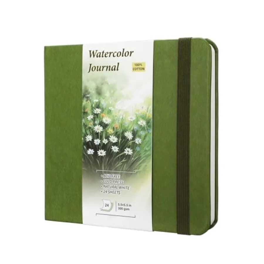 Watercolor Sketchbook Journal, 5.5" Square, 300 GSM Fine Grain Cold Press Paper, 48 Pages, 140lb Heavyweight Cotton Pad for Mix