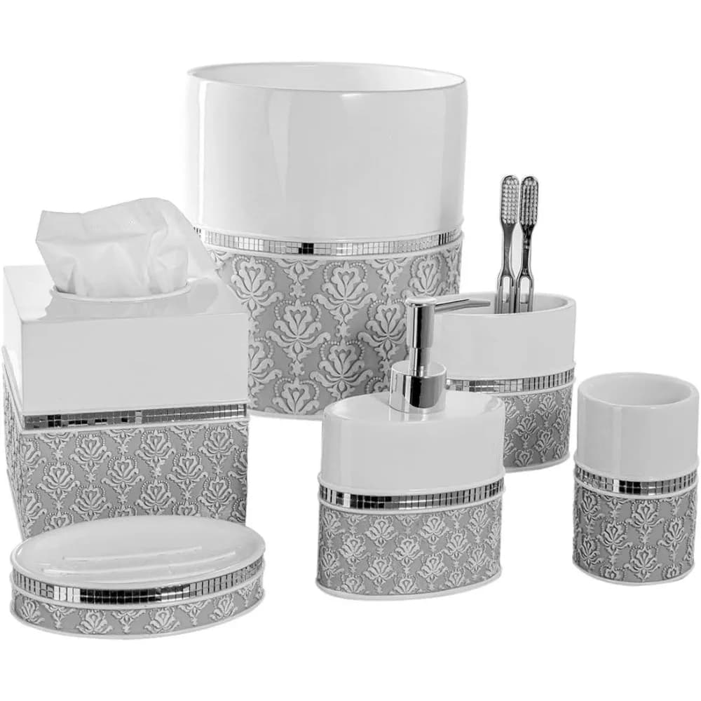 Specchio damascato bianco grigio 6 pezzi accessori da bagno set pattumiera scatola di fazzoletti coperchio dispenser sapone piatto portaspazzolino