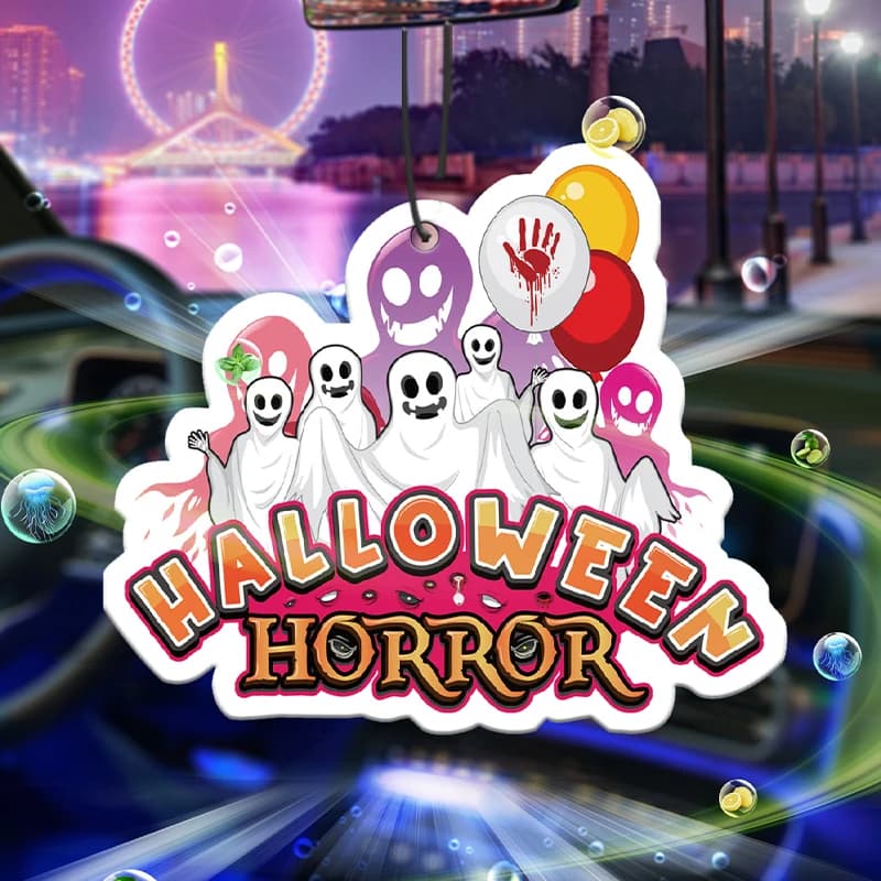 Profumatore per auto a forma di fantasma di Halloween, con design horror e sangue, a lunga durata, da appendere.