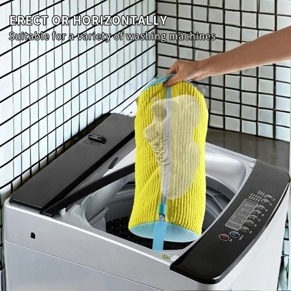 Reusable Chenille Sneaker Wash Bag Yellow, 360° All-Round Deep Cleaning Shoe Laundry Bag with Hidden Zipper, Absorbent Microfiber Shoe Protector Pouch to Clean Sneakers Safely in Washing Machine & Dryer
