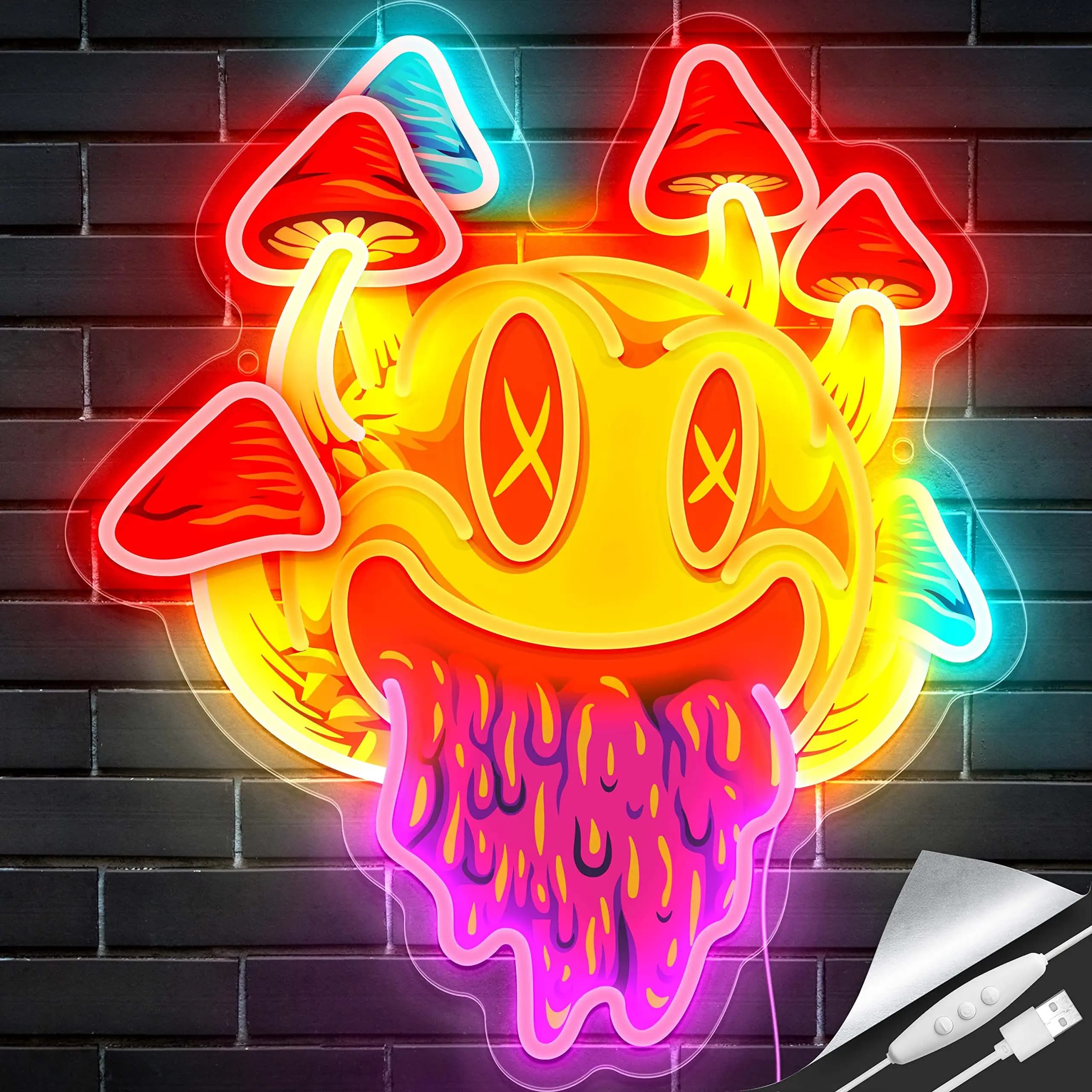 Sorridente con funghi Insegna al neon Decorazione unica dei funghi Decorazione estetica della stanza Funghi trippy Luce per la camera da letto delle feste di Halloween