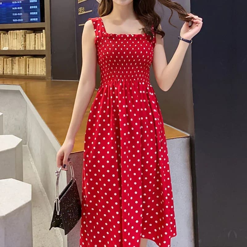 Robe Femme Summer Polka Dot Dresses Women's Elegant Neck Square Sleeveless Long Dress Chiffon Super Discount Mujer Clothing