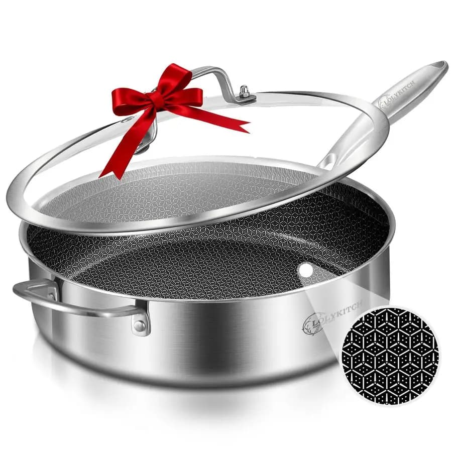 Padella Ibrida Tri-Ply in Acciaio Inossidabile Antiaderente da 6 QT con Coperchio, Padella Profonda da 12 Pollici, Grande Padella, Pentola Jumbo, Padella per Induzione