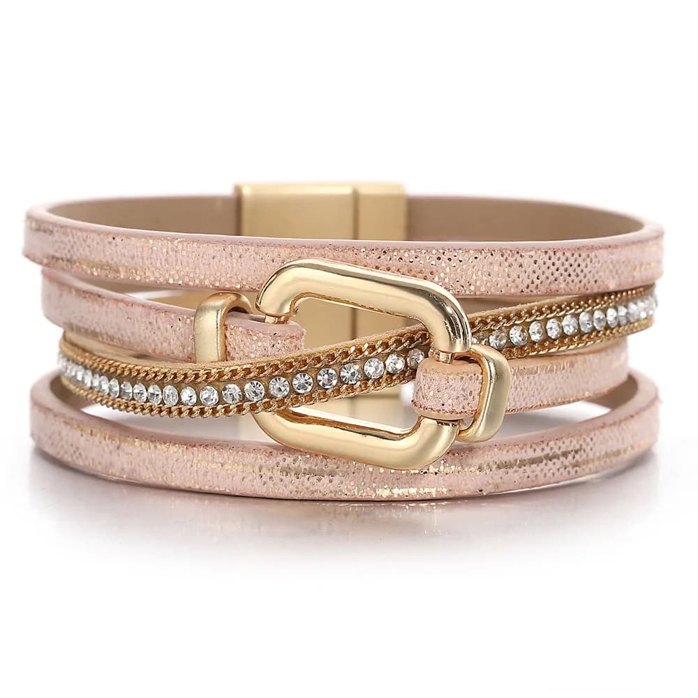 ALLYES Chic Square Buckle Leather Bracelet for Women Retro Rhinestone Chain Cross Multilayer Wrap Bangle Bracelets Party Jewelry