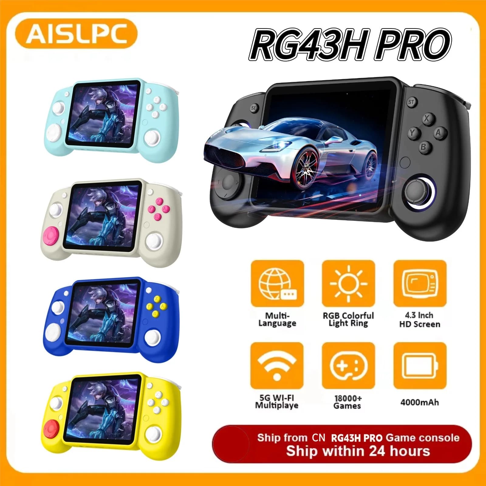Console di Gioco Portatile Retro RG43H Pro con Schermo IPS da 4,3 Pollici 1024×768, 18000+ Giochi Integrati, Supporto WiFi per Gioco Online