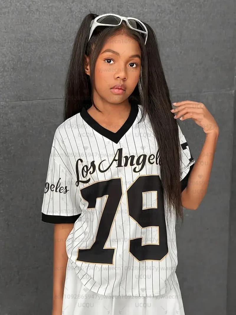 T-shirt da uomo per bambini da donna, stile sportivo casual per ragazze Los Angeles NO.79 con stampa a maniche corte e scollo a V