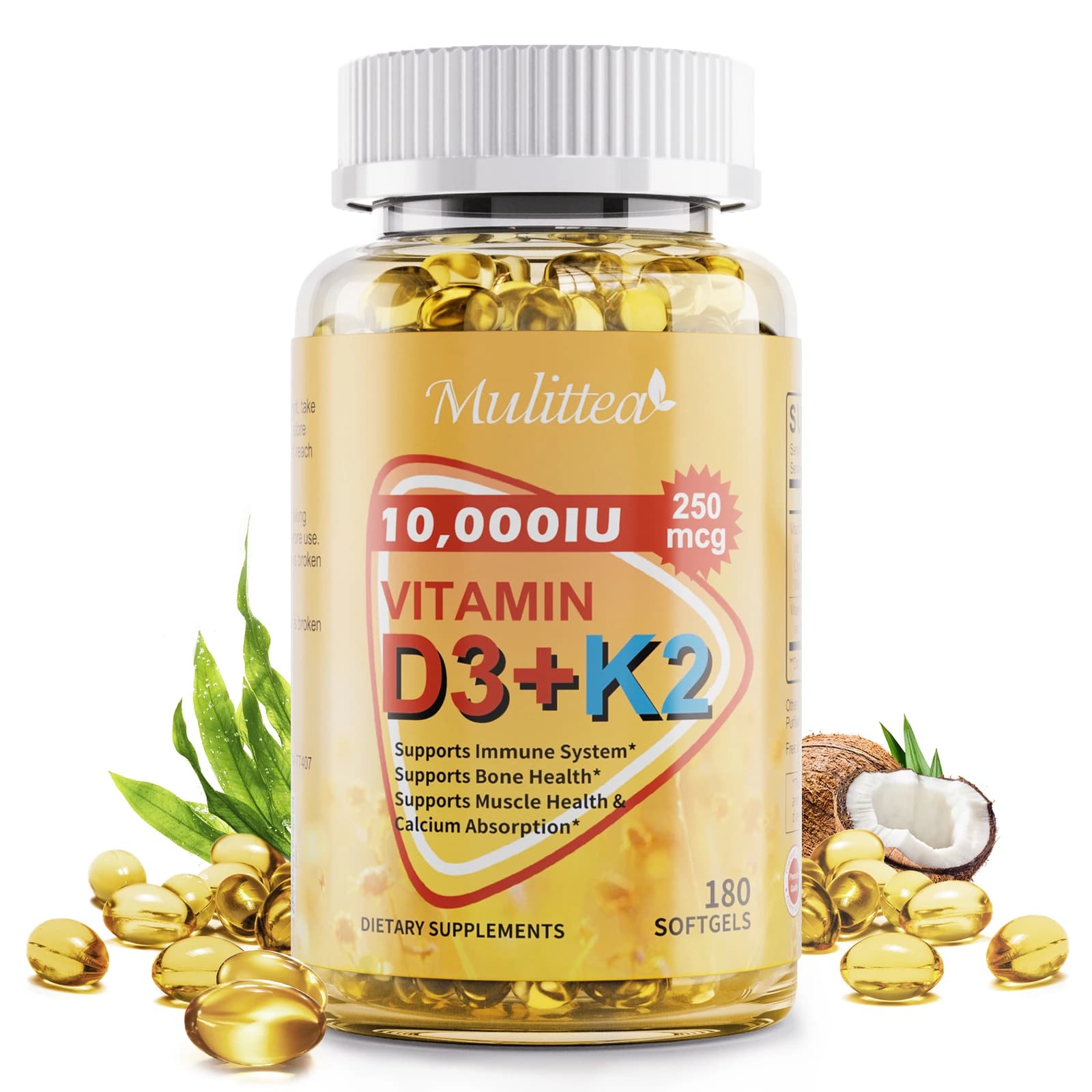 Mulittea capsules of Vitamin D3+K2 - D3 (5000 UI) K2 (200 mcg) Vegan supplement for calcium absorption, bone regeneration and Immunitarian support