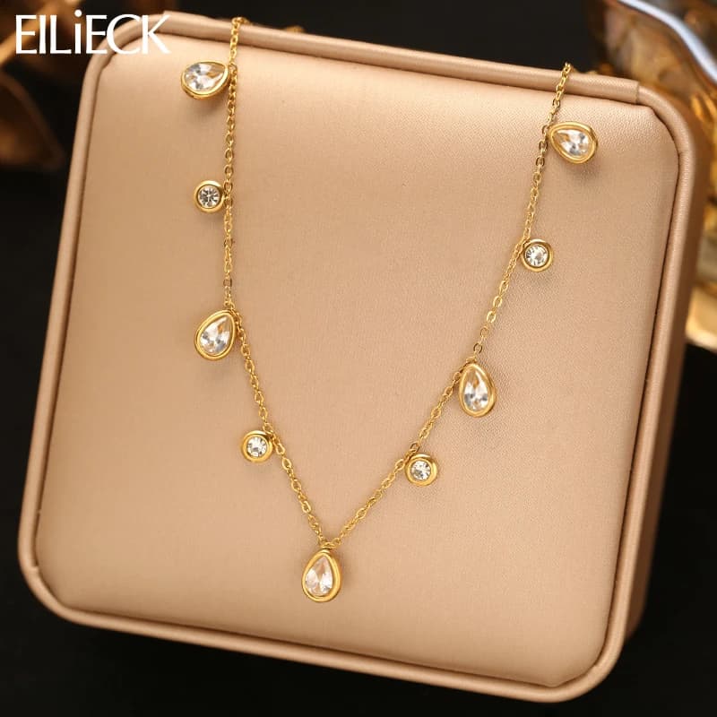 EILIECK Delicate Round Water Drop Zircon Pendant Necklace For Women 18K Gold Plated Stainless Steel Collar Chain Jewelry Gift