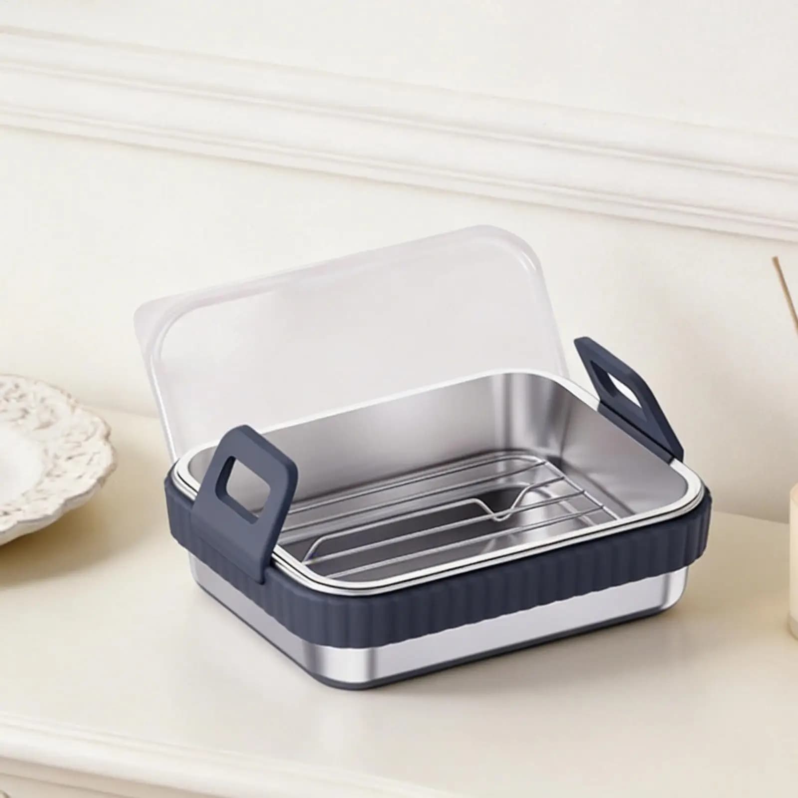 Vassoio per friggitrice ad aria con coperchio, accessori quadrati per friggitrice ad aria, griglia in acciaio inossidabile per friggitrice ad aria e teglia da forno, cestello per cottura