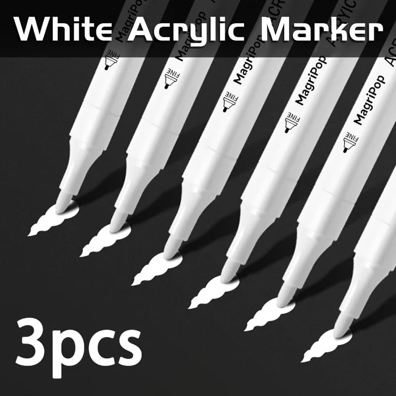 5 white acrylic markers, permanent pens for black paper, tires, plastic, stone, metal, painting for artists, beginners