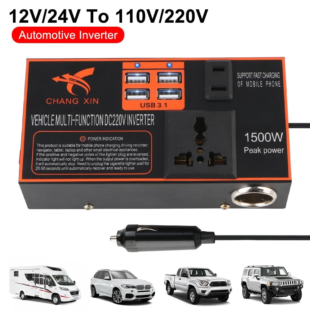 USB 8 Door Charger with Cigarette Clamp, Inverter Car 12V/24V DC to 110V/220V AC, Power Adapter with Cigarette Clamp