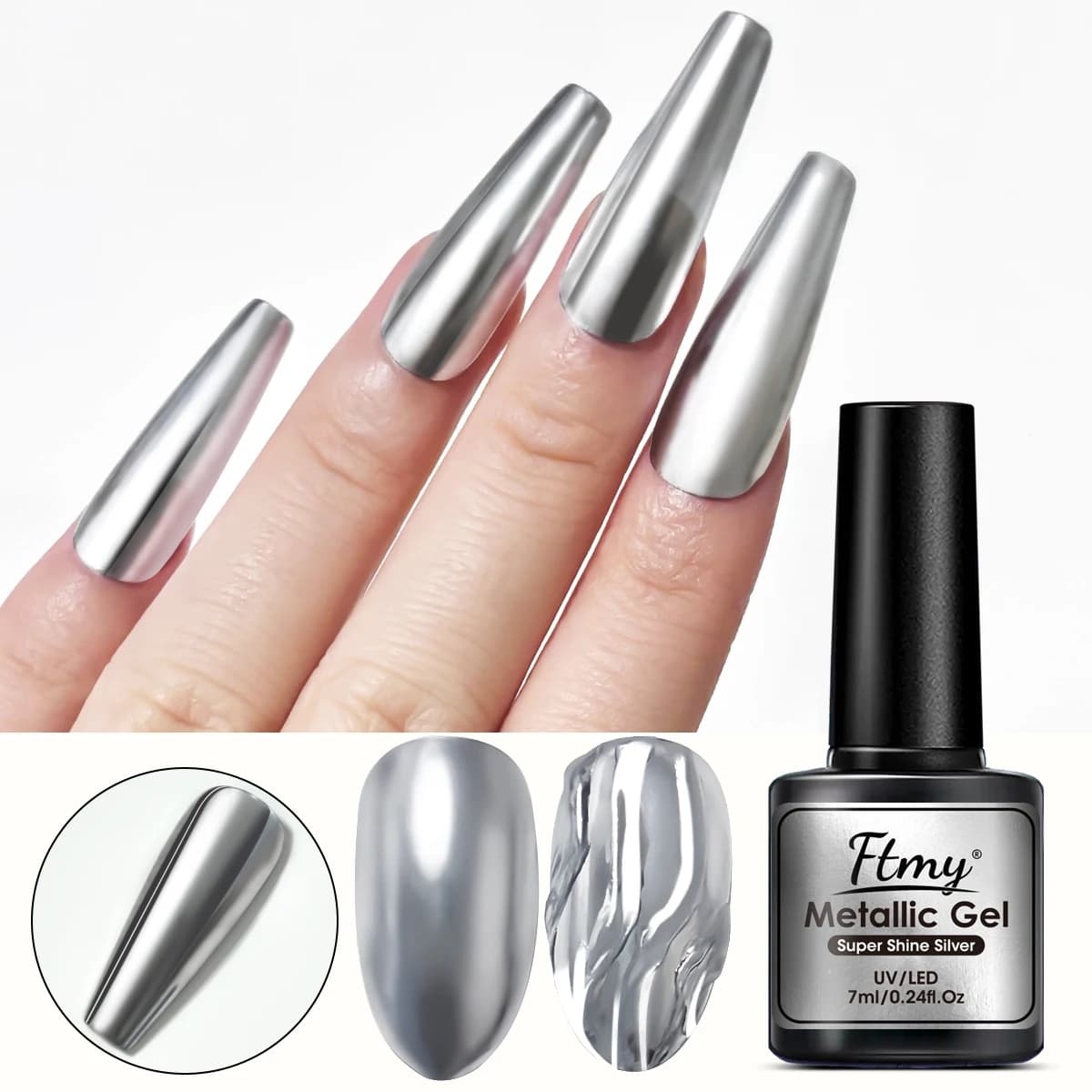 Gel per nail art metallizzato argento da 7 ml, finitura a specchio lucida, motivo solido, basso allergico, forma ovale, adesivo per nail art per ped