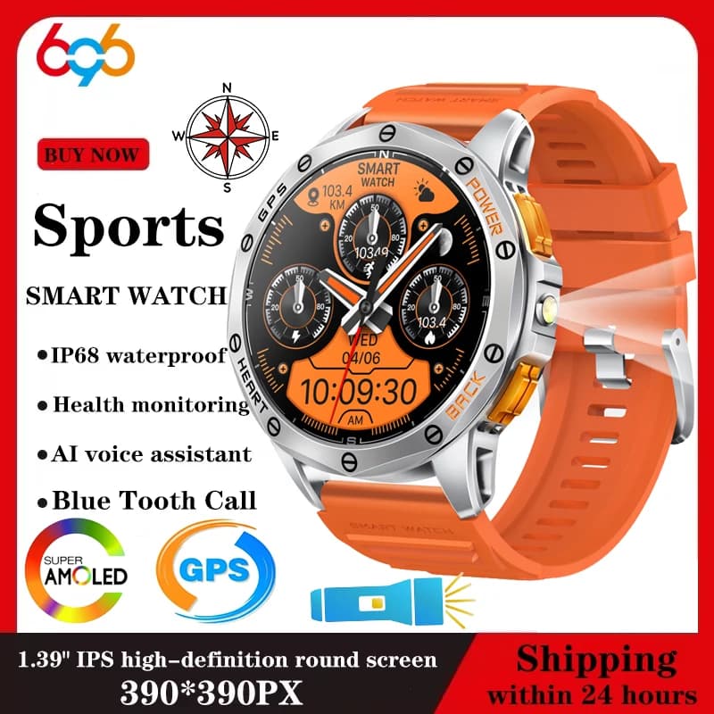 2026 Men Outdoors Smartwatch Sports AMOLED Screen Blue Tooth Call Smart Watch GPS Heart Rate Blood Oxygen Waterproof Flashlight