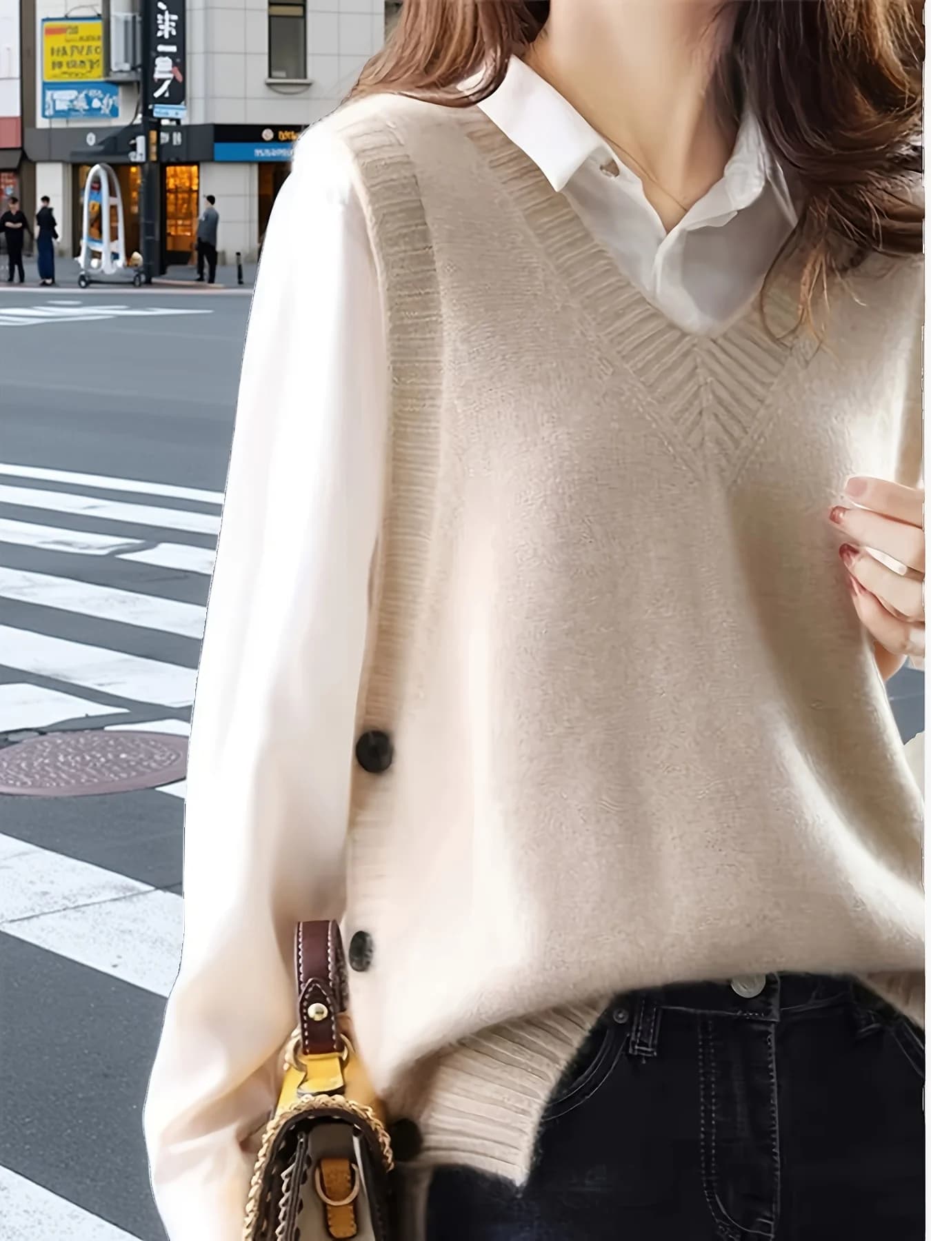 Women's Autumn Winter V-Neck Solid Color Knitted Sweater Vest, High-Low Hem with Side Slits and Button Detail, Casual Street