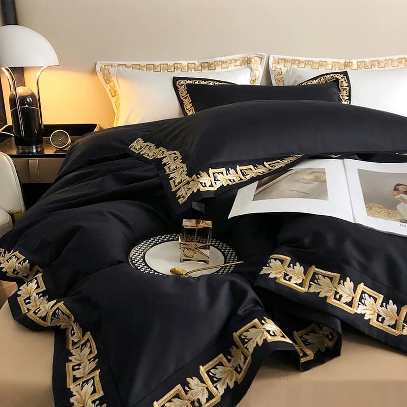 Set di biancheria da letto con ricamo in oro di lusso in cotone egiziano 1000TC Nero Khaki Patchwork Copripiumino Lenzuolo con angoli Federe