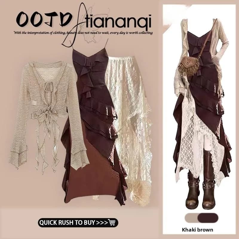 Retro Lace Asymmetrical Cardigan Inner Wear Women's Dress Three-Piece Set Long Sleeve Casual Spring Fashion Ensemble