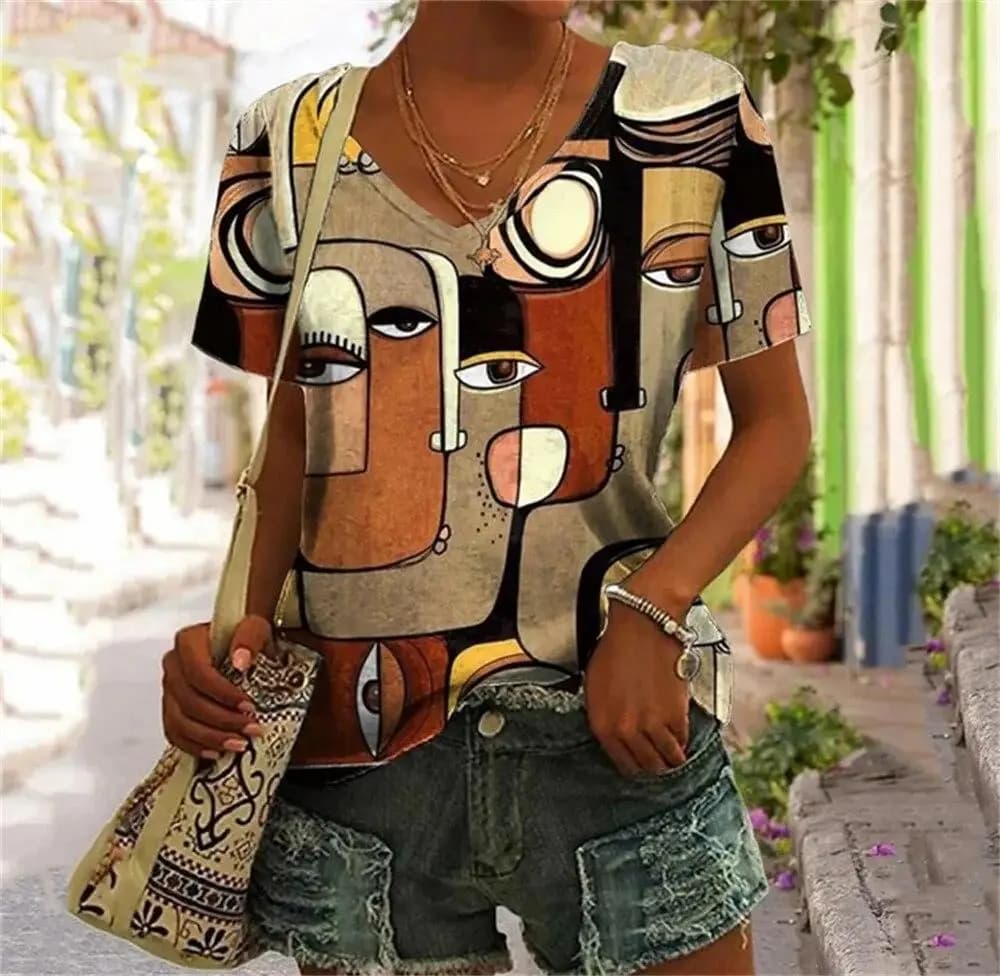 T-shirt con stampa 3D a faccia astratta e tasca finta, da donna, scollo a V, manica corta, stile Y2K, casual, Harajuku, abbigliamento femminile