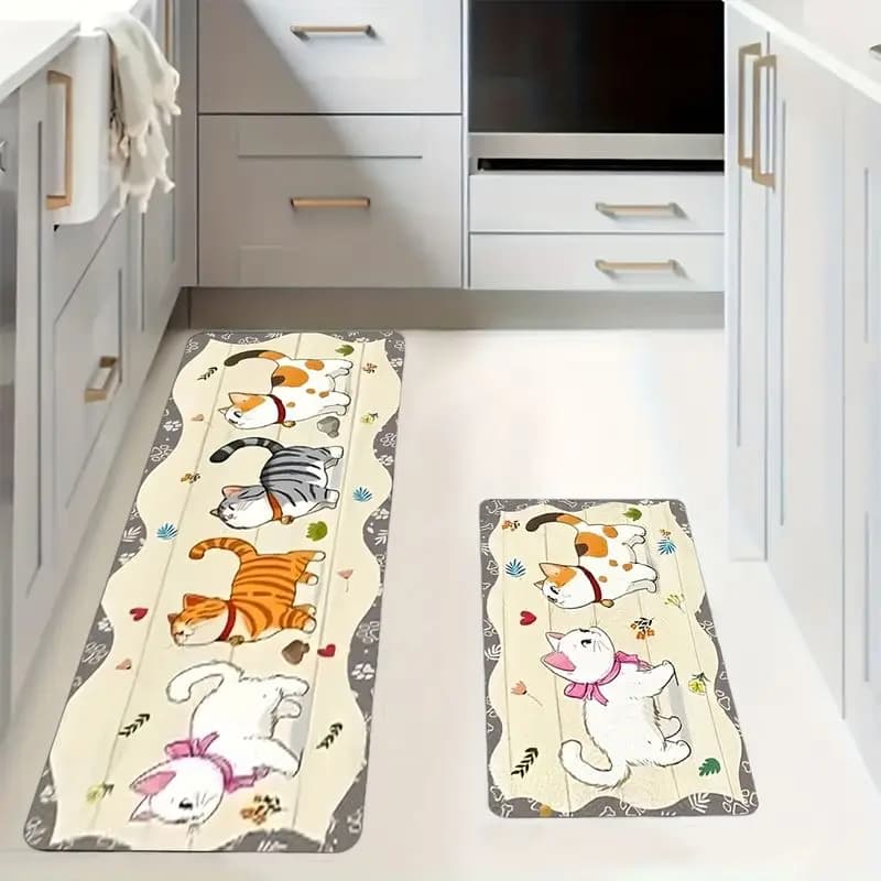 VIKAMA Cute Kitten Pattern Kitchen Runner Rug Set Non Slip Oil Resistant Floor Mat For Kitchen Bedroom Entryway Decor