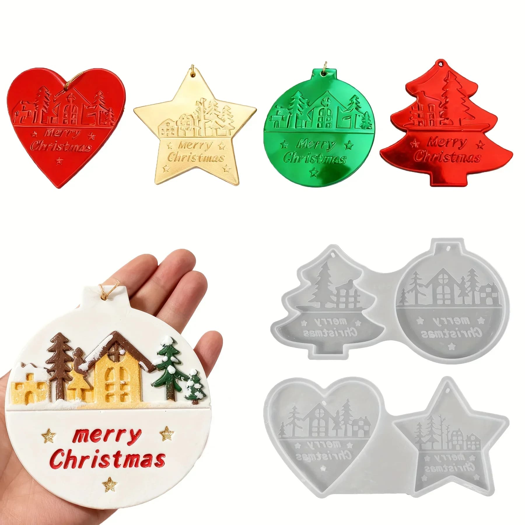 Stampo in silicone da 1 pezzo per ornamenti natalizi - Stampi in resina a forma di cuore, stella e albero di Natale per decorazioni natalizie per la casa