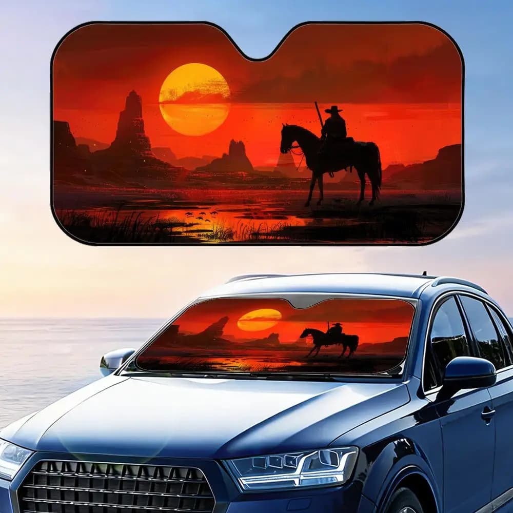 Parasole pieghevole universale per parabrezza auto con scena del tramonto del cowboy western, protezione UV e isolamento termico