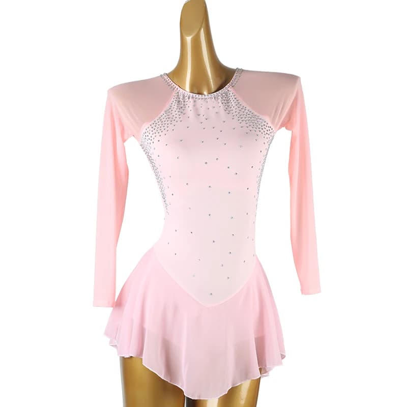 Vestito da pattinaggio di figura Vestito da pattinaggio su ghiaccio per ragazza da donna Ginnastica a maniche lunghe per bambini adulto pattinaggio di figura foglia strass B039