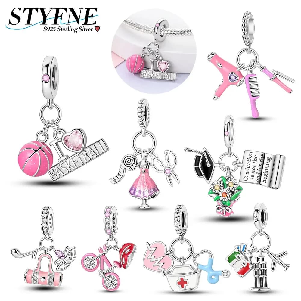 925 Sterling Silver Lifestyle Series Iron Curly Hair Hairstylist with Beads Charm Suitable Bracelet Original DIY Jewelry Gift