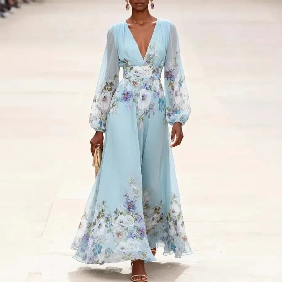 Abito Lungo Estivo da Donna con Maniche Trasparenti e Stampa Floreale Digitale, Elegante Vestito da Sera, Blusa Top