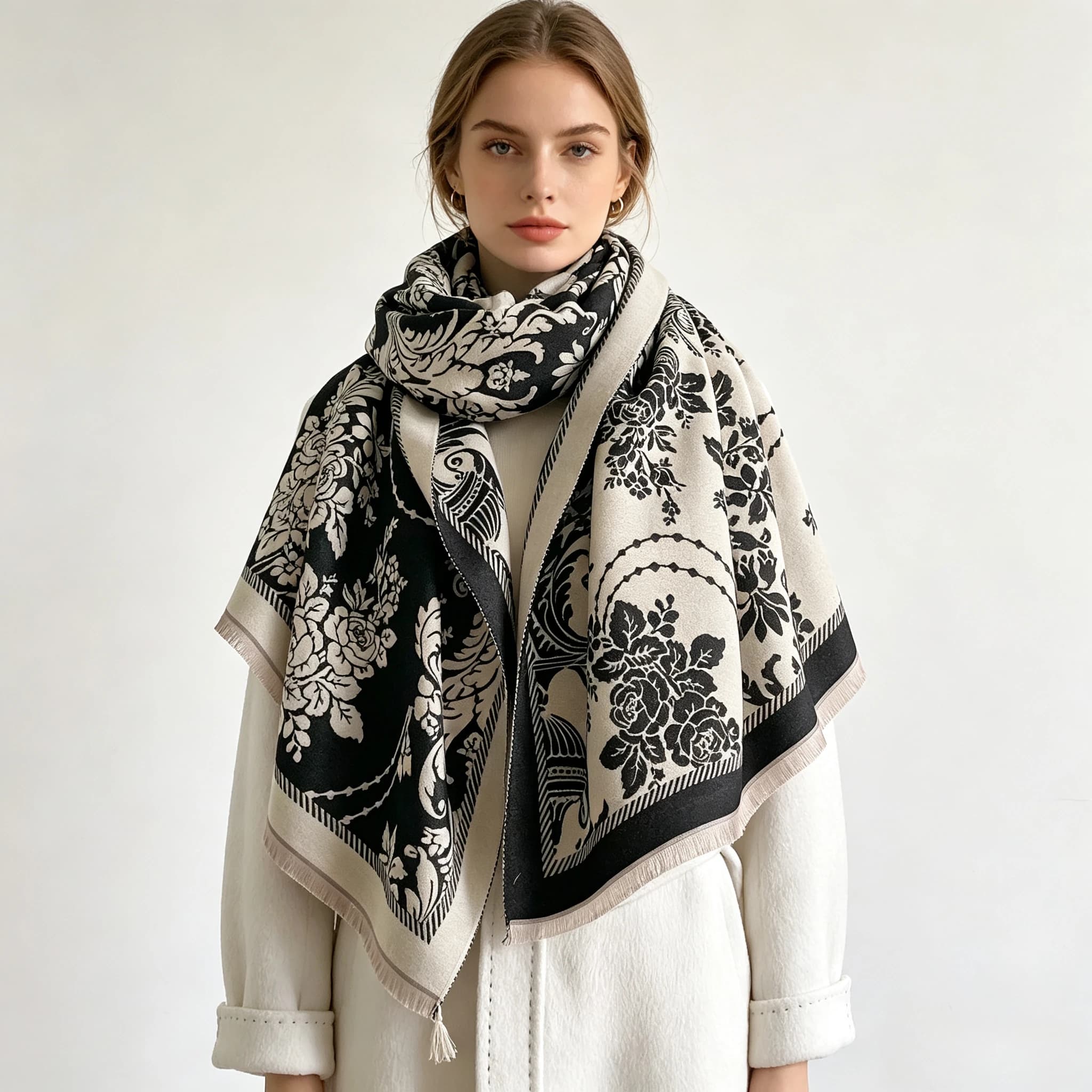 Imitation Cashmere Fringed Scarf Women Thick Warm Shawl Reversible Winter Retro Print Scarf Pashmina Autumn Large Blanket Wrap