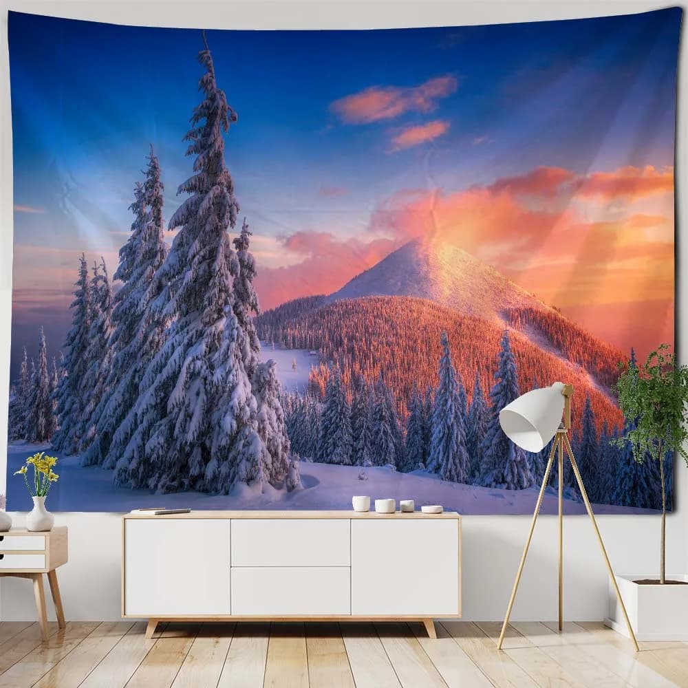 Natale Paesaggio di neve Arazzo Appeso a parete Foresta Cielo stellato Estetica Decorazione artistica Sfondo Poster Divano letto Lenzuolo