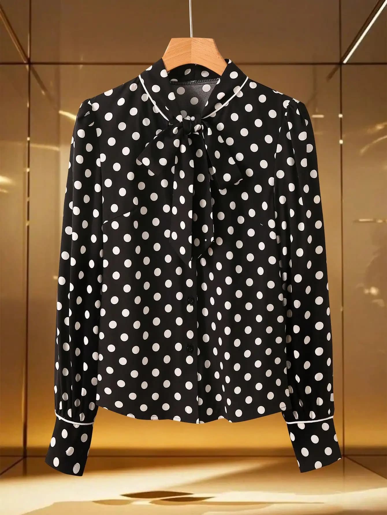 Camicia elegante con stampa a pois, collo con fiocco, bordo a contrasto, maniche lunghe, stile vintage, camicetta da donna