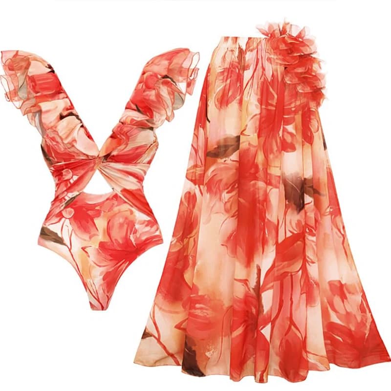 Costume da bagno intero sexy con scollo a V e volant con stampa floreale e gonna Costumi da bagno vintage Costumi da bagno da donna Costumi da bagno