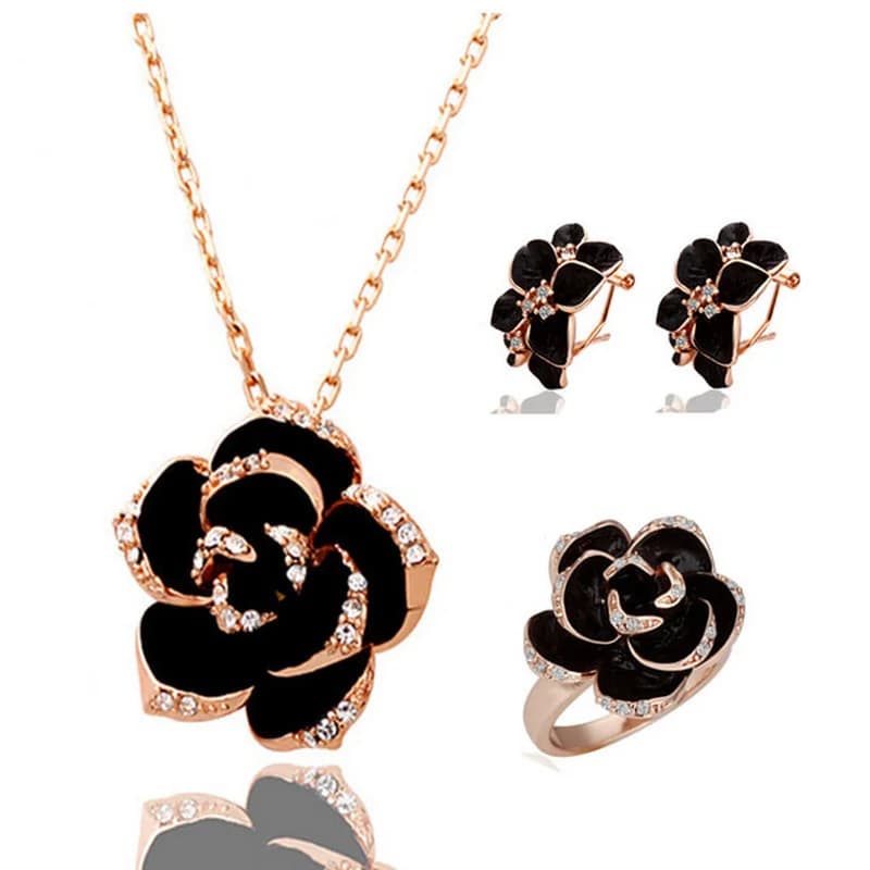 Set di gioielli in smalto con fiori di rosa alla moda Set di gioielli da sposa con pittura nera color oro rosa per matrimonio da donna