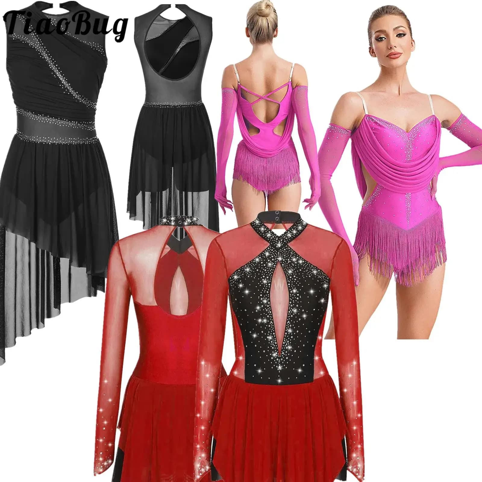 Body da ballo latino jazz con nappe da donna, body con strass scintillanti, body con frange, pattinaggio di figura, abbigliamento da ballo lirico moderno