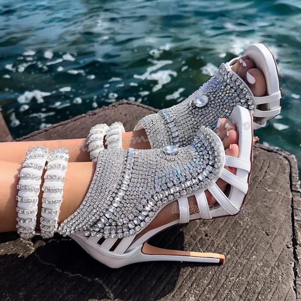 Crystal Glossy Sandals Ankle Boots Genuine Leather Solid Color Back Zipper Fashion Luxury Elegant Concise Women Shoes Thin Heels