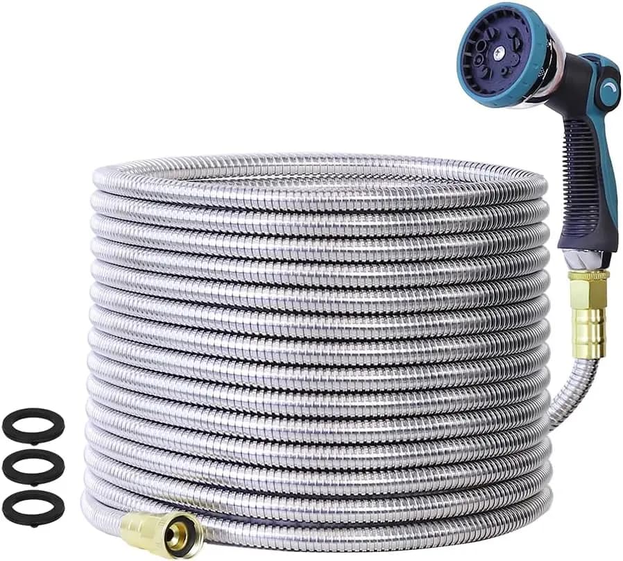 Tubo da Giardino da 15 Metri, Acciaio Inossidabile 304, Spruzzatore Flessibile, Anti-Piega, Leggero, Anti-Perforazione, Diametro Esterno 5/8 Pollici