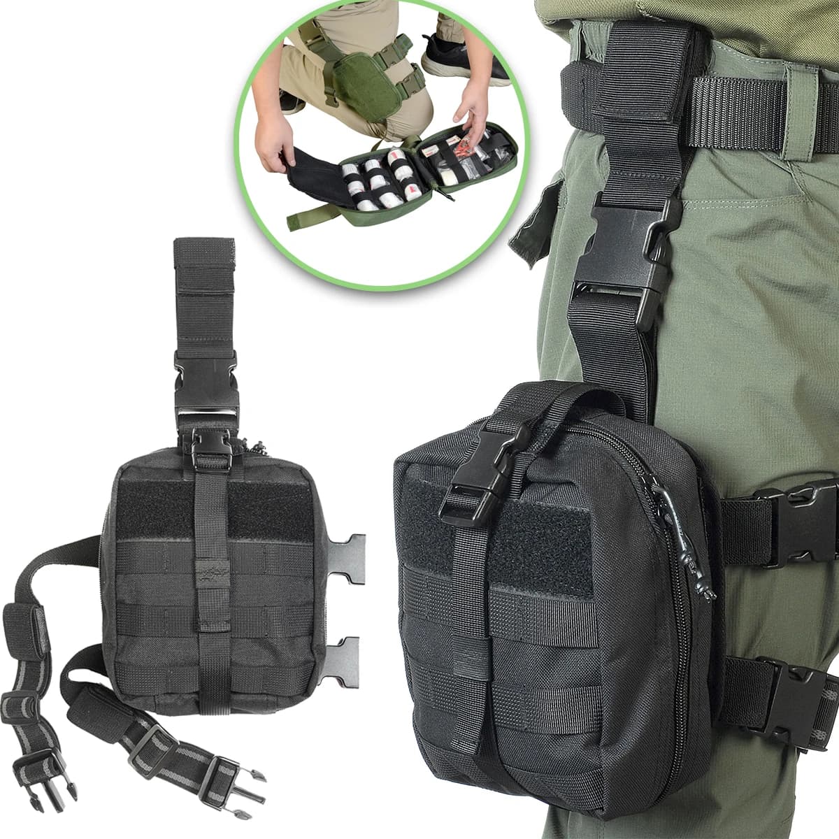 Borsa medica per fasciatura tattica per gambe borsa per attrezzi fissa con fascia elastica antiscivolo a doppio strato Kit di pronto soccorso per tiro all'aperto
