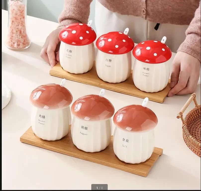 Set di barattoli di spezie a forma di fungo carino, in ceramica, tre pezzi, sale, zucchero, pepe, conservazione, decorazione della cucina di casa, condimento