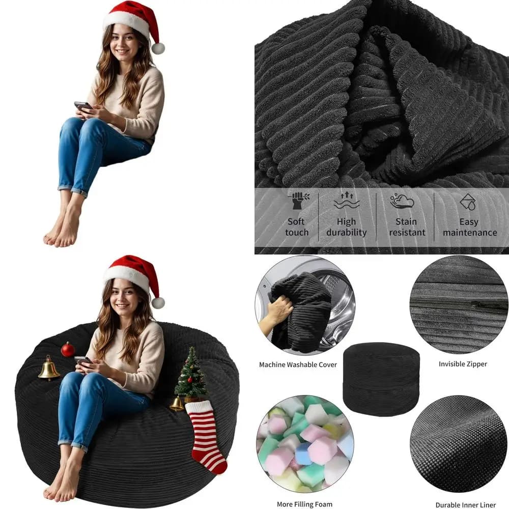Poltrona a sacco per adulti in memory foam da 3 piedi - Copertura rimovibile, divano oversize per giochi, lettura, relax, Nero